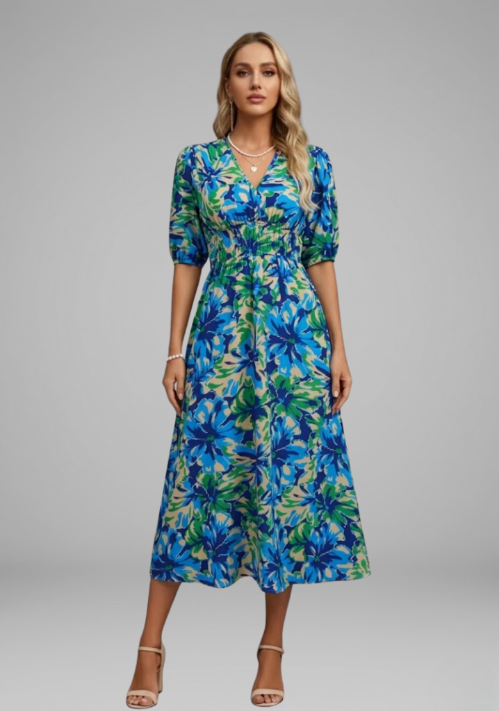 Bianca | Women’s Floral Puff Sleeve V-Neck Midi Dress