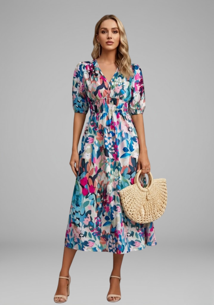 Bianca | Women’s Floral Puff Sleeve V-Neck Midi Dress