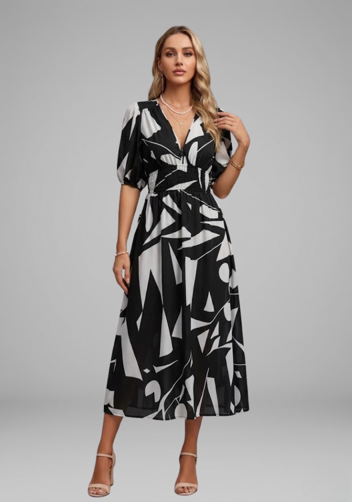 Bianca | Women’s Floral Puff Sleeve V-Neck Midi Dress