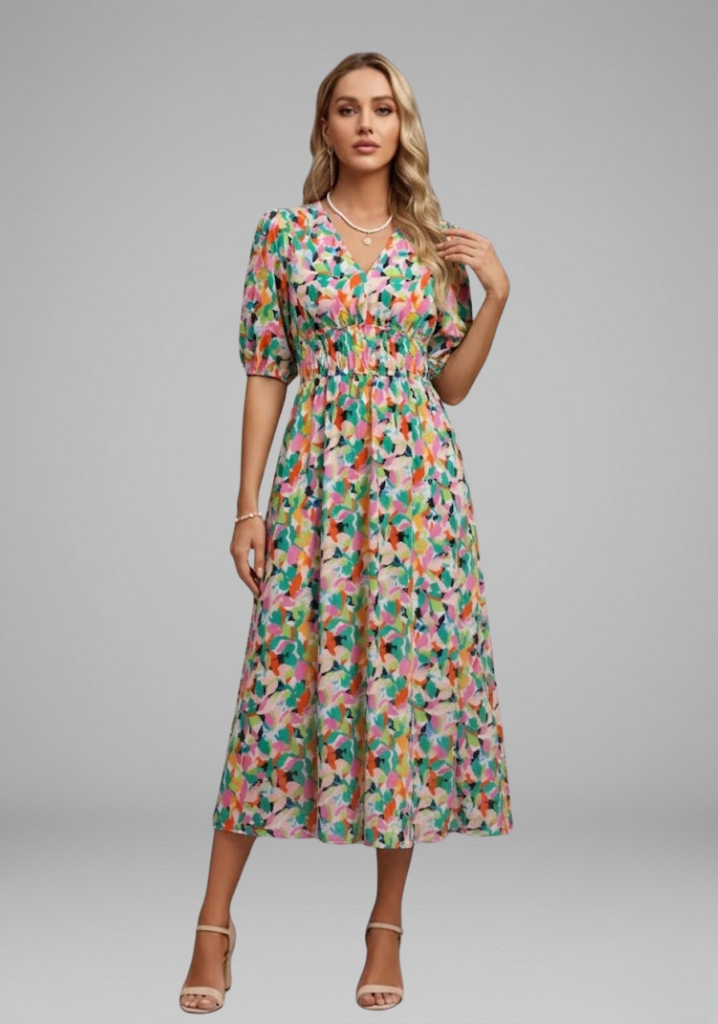 Bianca | Women’s Floral Puff Sleeve V-Neck Midi Dress