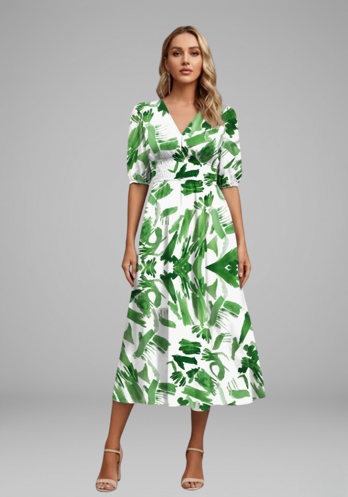 Bianca | Women’s Floral Puff Sleeve V-Neck Midi Dress
